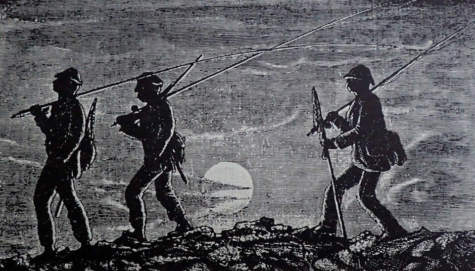 Illustrasjon fra boken ”Tre i Norge ved to av dem”. Illustrasjon av ferden fra Russvatn til Memurubu.