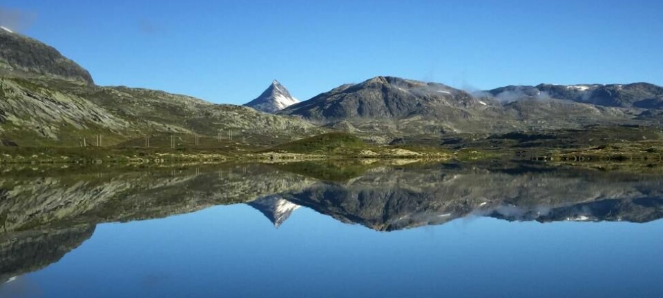 Fjellvannet Trollsjøen ligger speilblankt. Blå himmel.