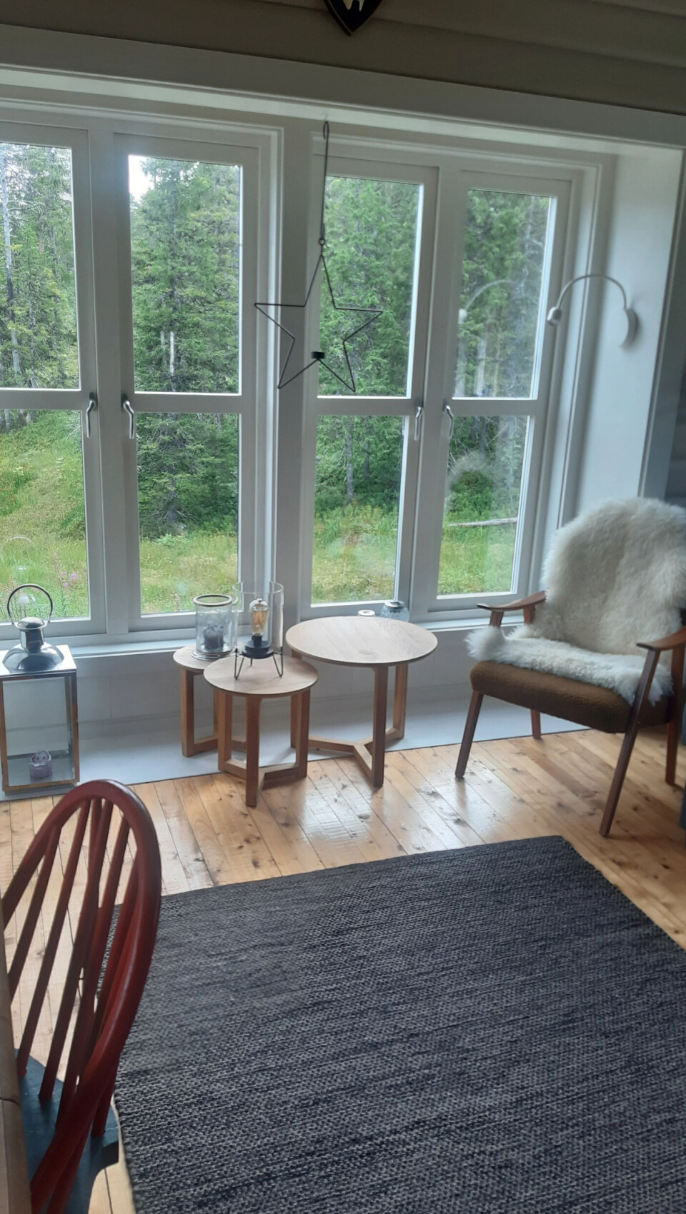Utsikt fra stuen mot Elgsjøen. Begrenset mobildekning gjør at du virkelig kan koble av og nyte naturen.