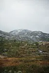 Lav vegetasjon og steinete fjellrygg under en overskyet himmel.